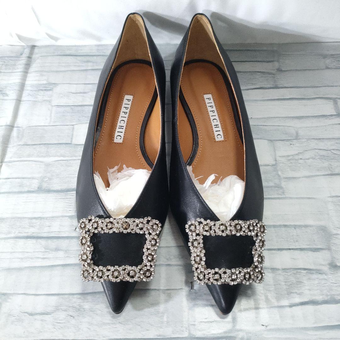 未使用品✨ピッピシック　ビジューバックル　レザーフラットパンプス　黒　36.5