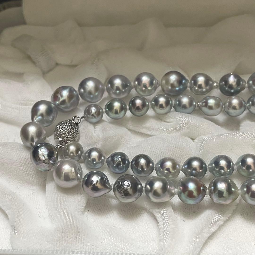 【テリ強✨セミロング】 あこや本真珠 ネックレス6.0-9.0 バロック ブルー