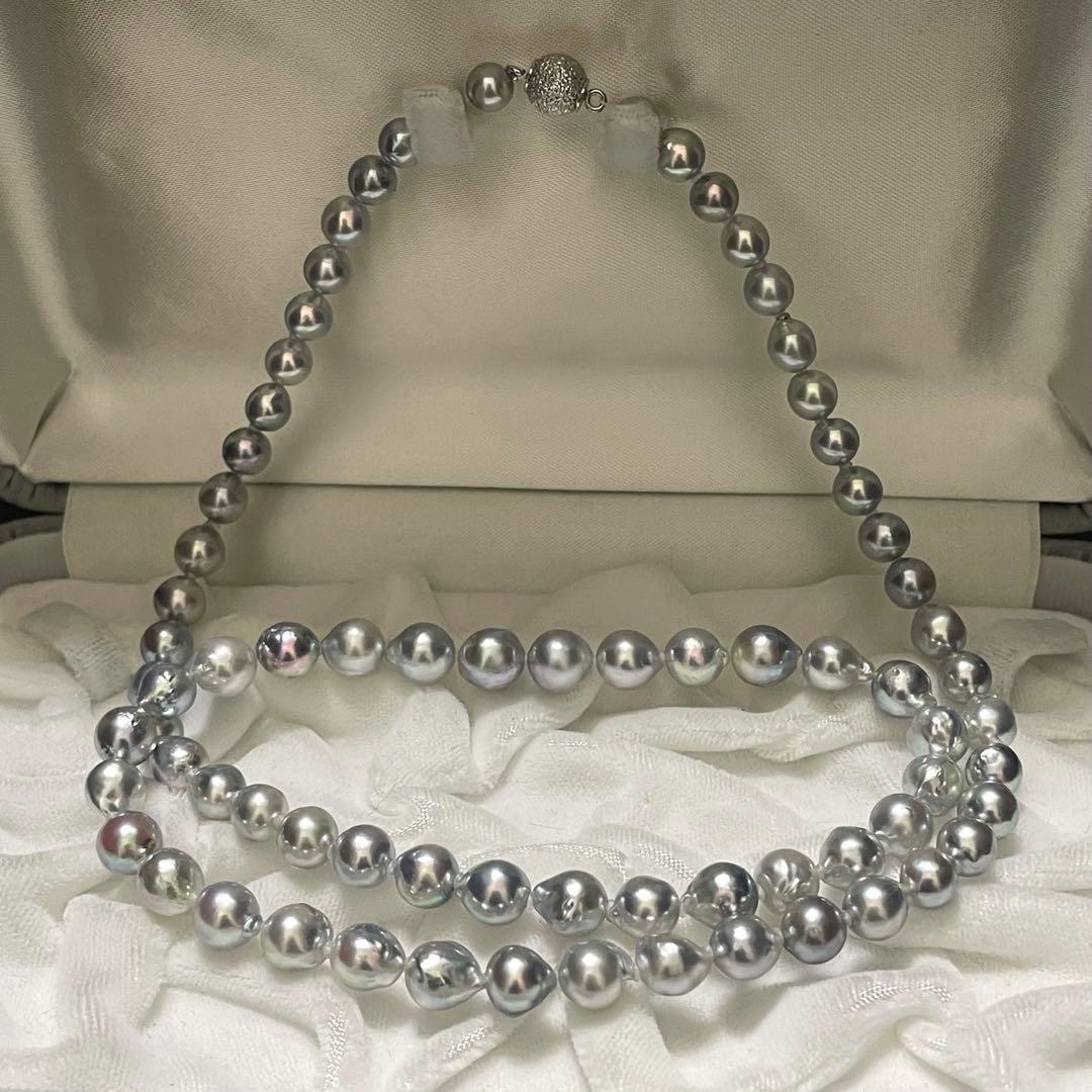 【テリ強✨セミロング】 あこや本真珠 ネックレス6.0-9.0 バロック ブルー