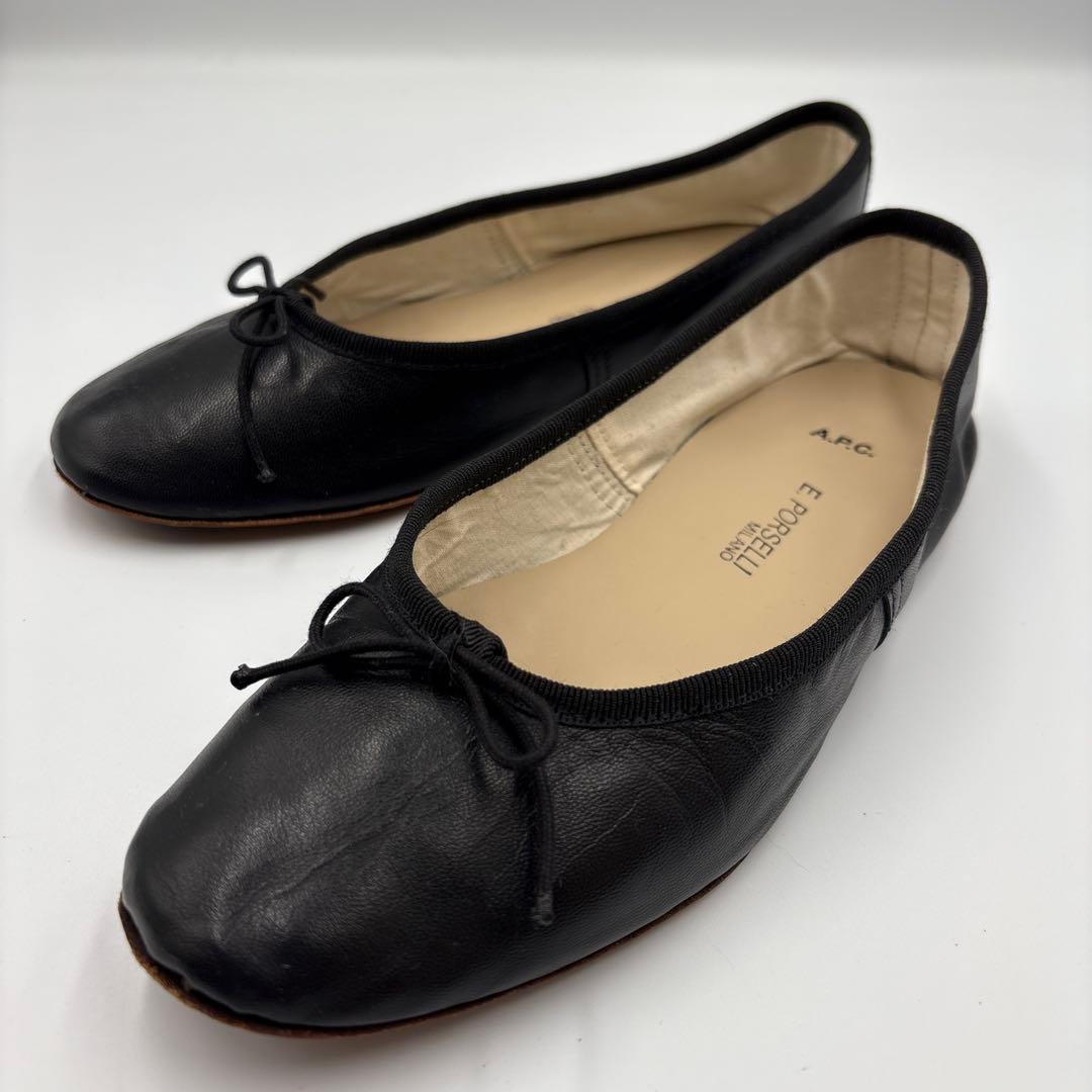 美品✨ポルセリ　ブラック　レザー　バレエシューズ　フラットシューズ　人気　定番