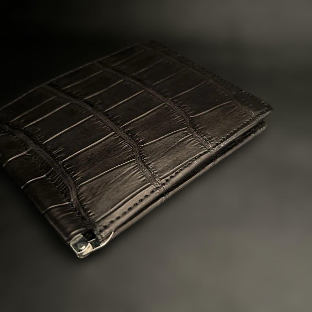 本革クロコダイル　艶なしブラック　マネークリップ ブラック　旧JRA認定証