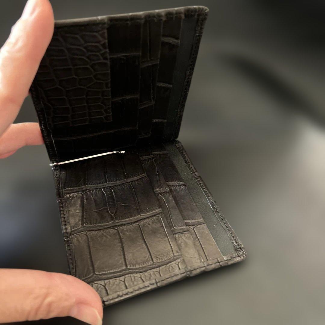 本革クロコダイル　艶なしブラック　マネークリップ ブラック　旧JRA認定証