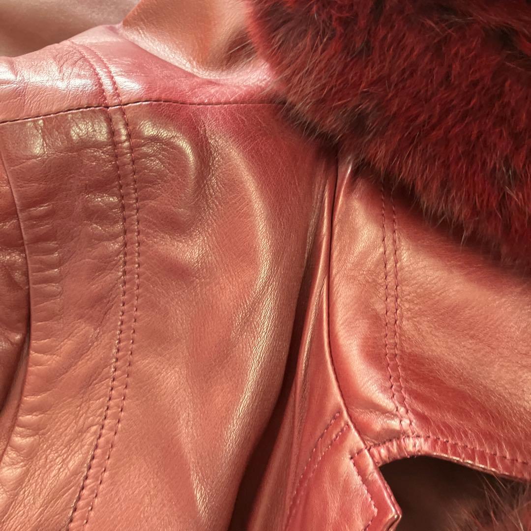 バーガンディ 羊皮コートフォックスファー付き　インナーはラビット取り外し可能