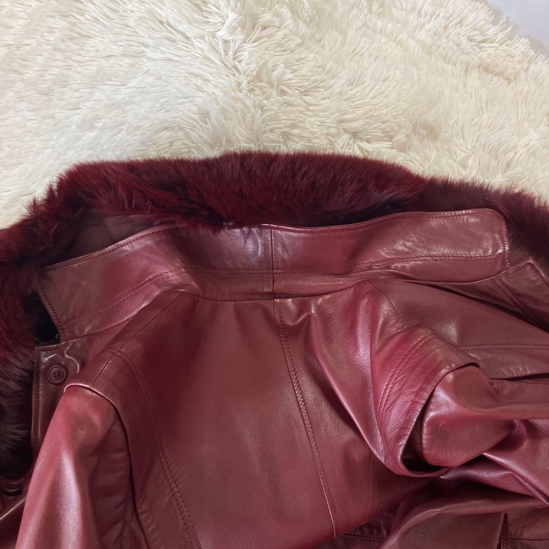 バーガンディ 羊皮コートフォックスファー付き　インナーはラビット取り外し可能