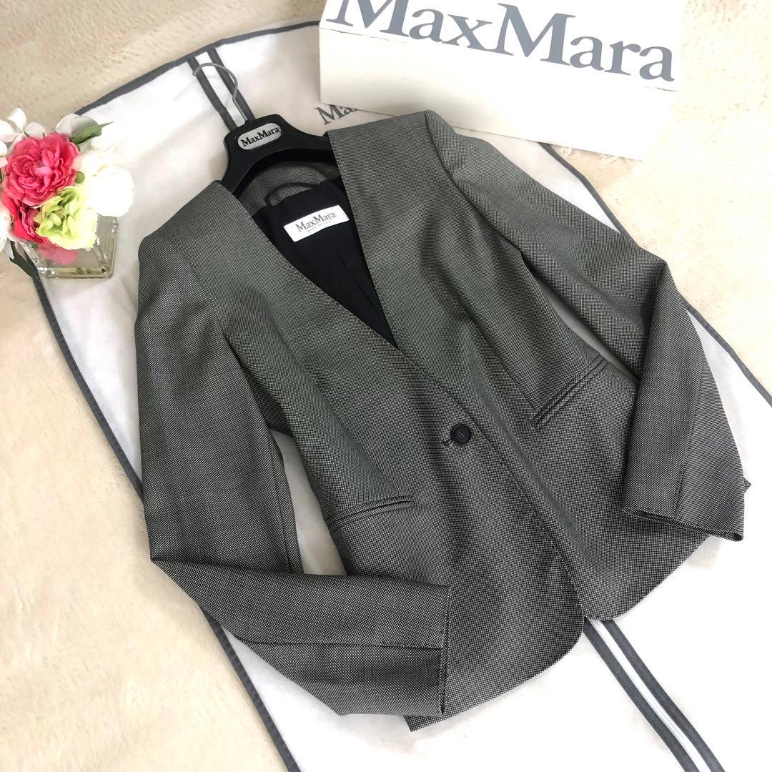 極美品‼️【マックスマーラ】40最高級白タグジャケット　ウールシルク　グレー黒白