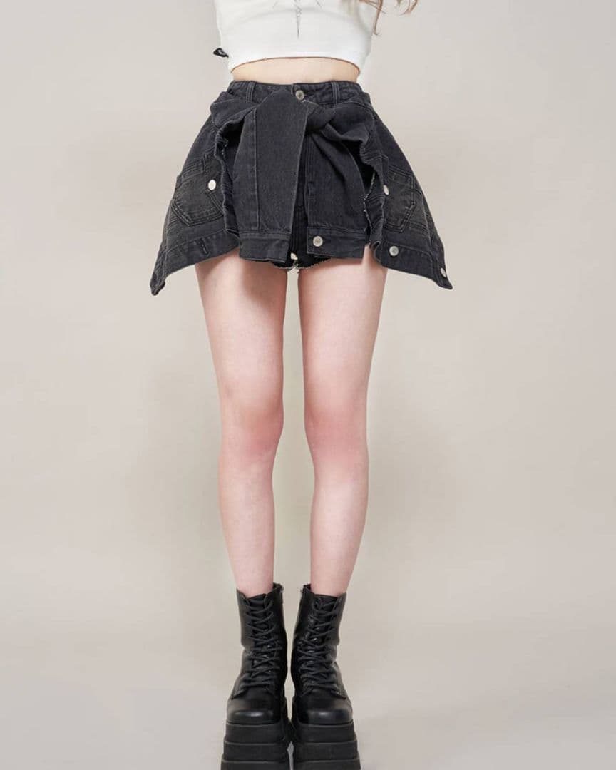 Darich ドッキングデザインデニムショートパンツ BLK