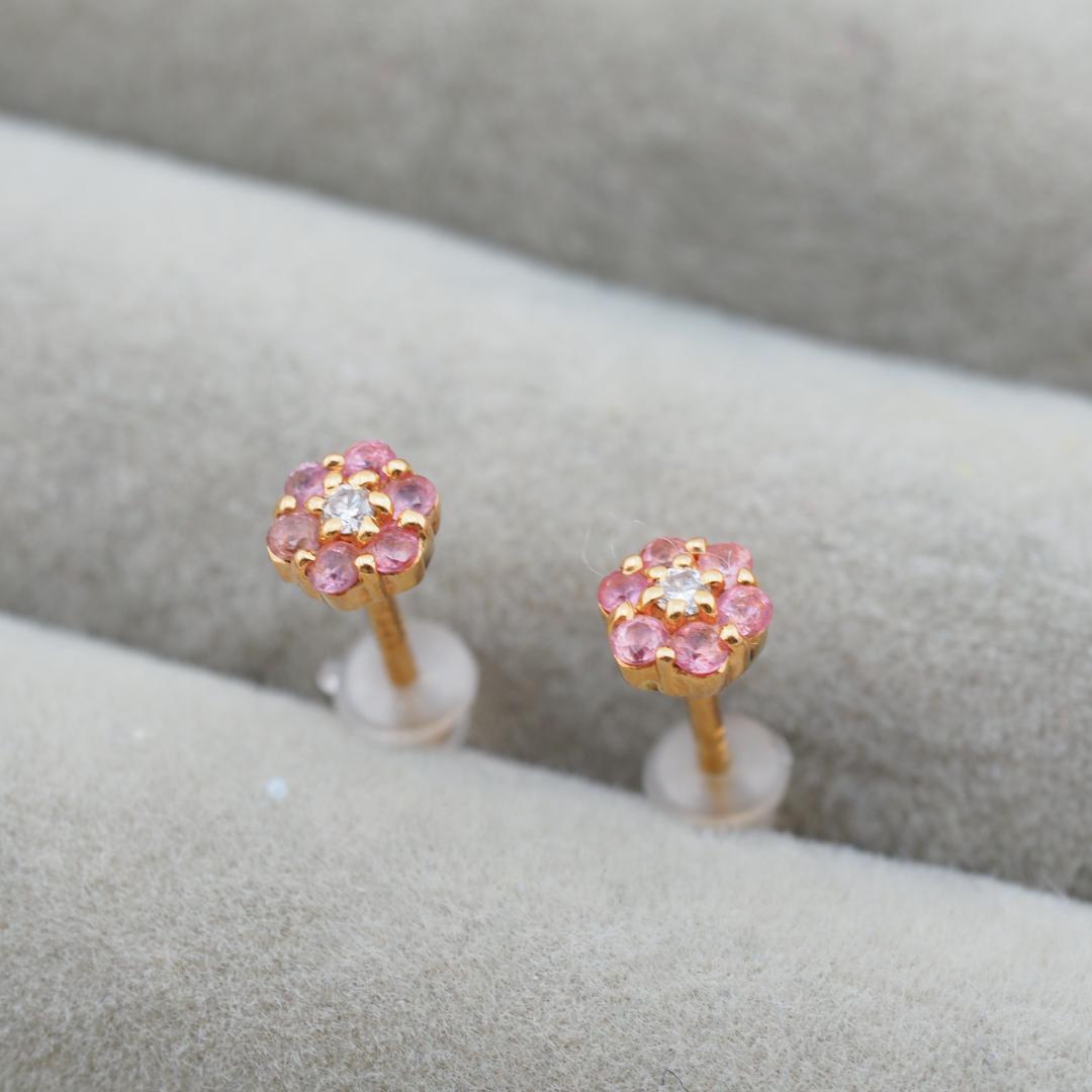 チ*き様 ピンクサファイア ダイヤ フラワーデザイン ピアス K18YG