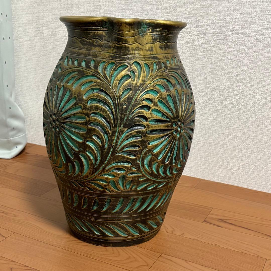 陶器製 壺 花瓶 傘立て つぼ 大　花器 高さ45cm グリーン×ゴールド