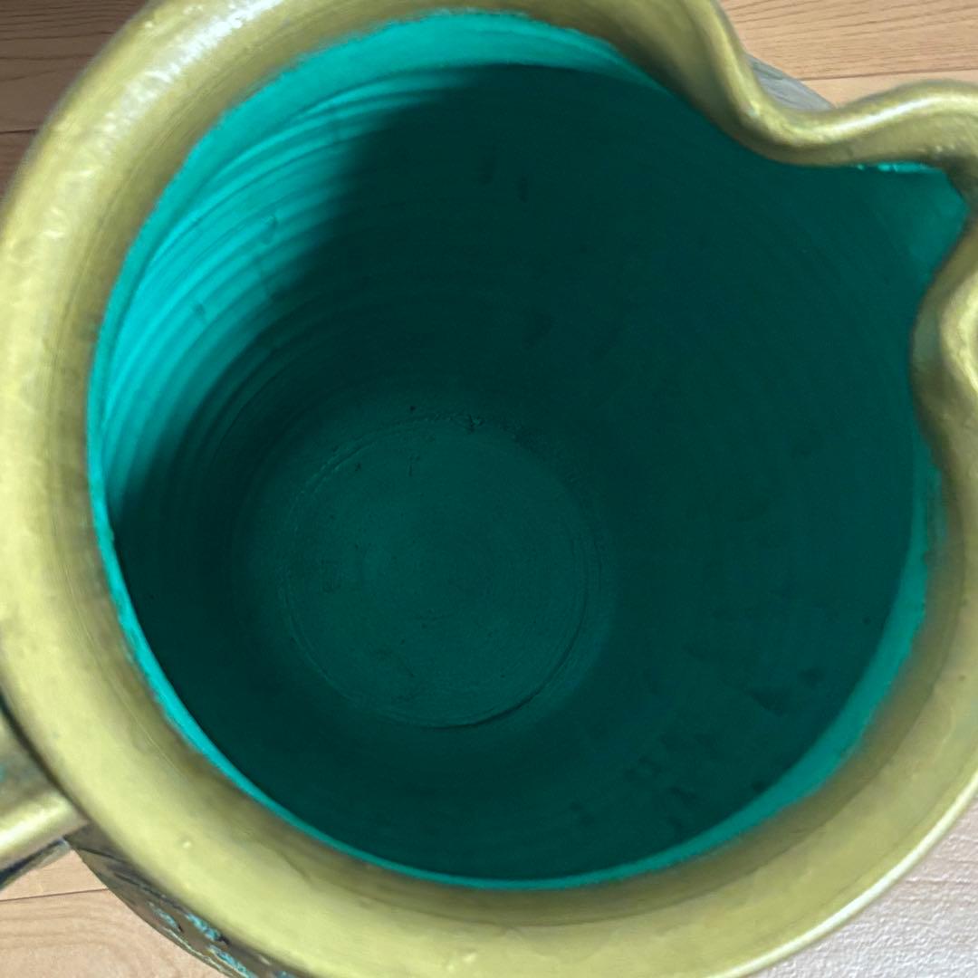 陶器製 壺 花瓶 傘立て つぼ 大　花器 高さ45cm グリーン×ゴールド