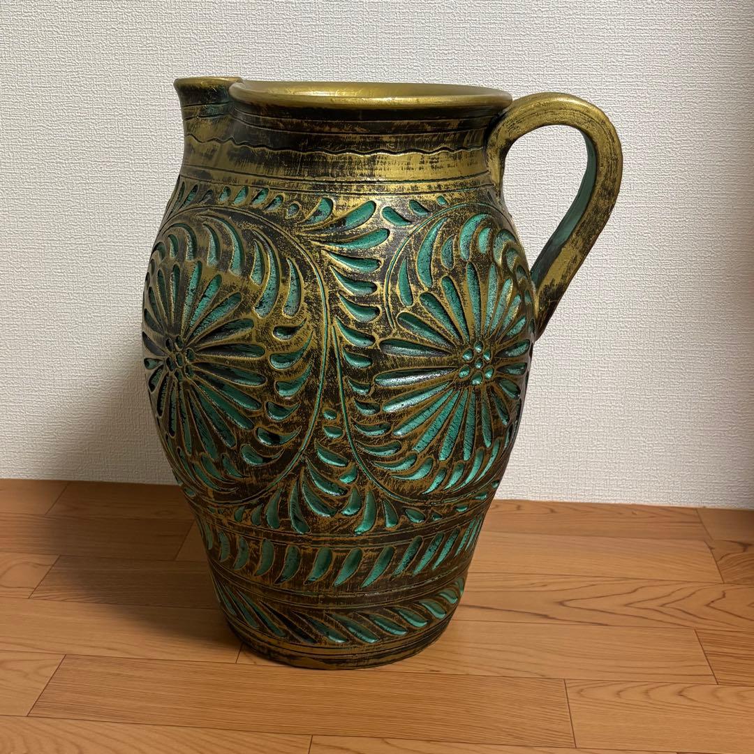 陶器製 壺 花瓶 傘立て つぼ 大　花器 高さ45cm グリーン×ゴールド