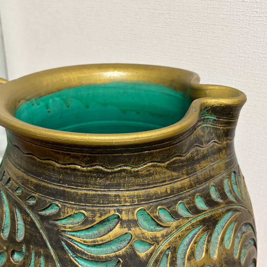 陶器製 壺 花瓶 傘立て つぼ 大　花器 高さ45cm グリーン×ゴールド