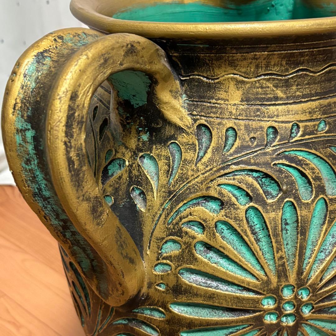 陶器製 壺 花瓶 傘立て つぼ 大　花器 高さ45cm グリーン×ゴールド