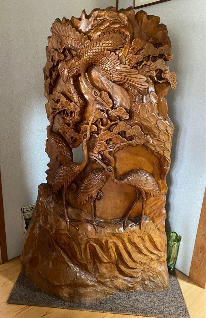 木製 衝立 鶴と松のモチーフ