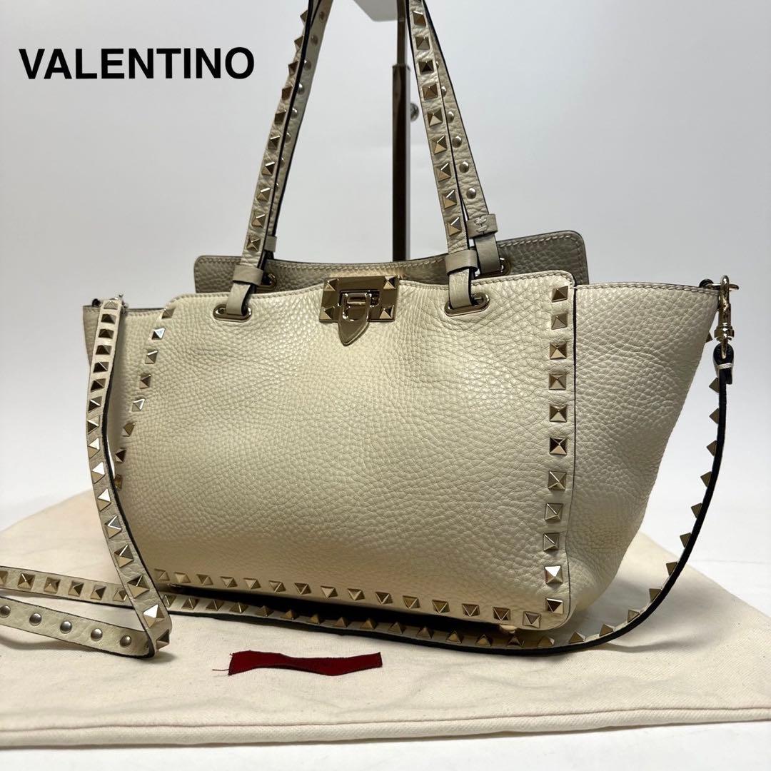 t95【極美品】保存袋付　ヴァレンティノロックスタッズシボ革2wayショルダー.
