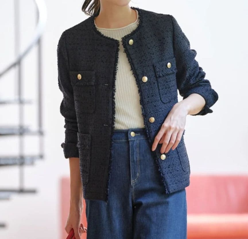 anysis ツイードノーカラーミドル ジャケット ネイビー　サイズ1