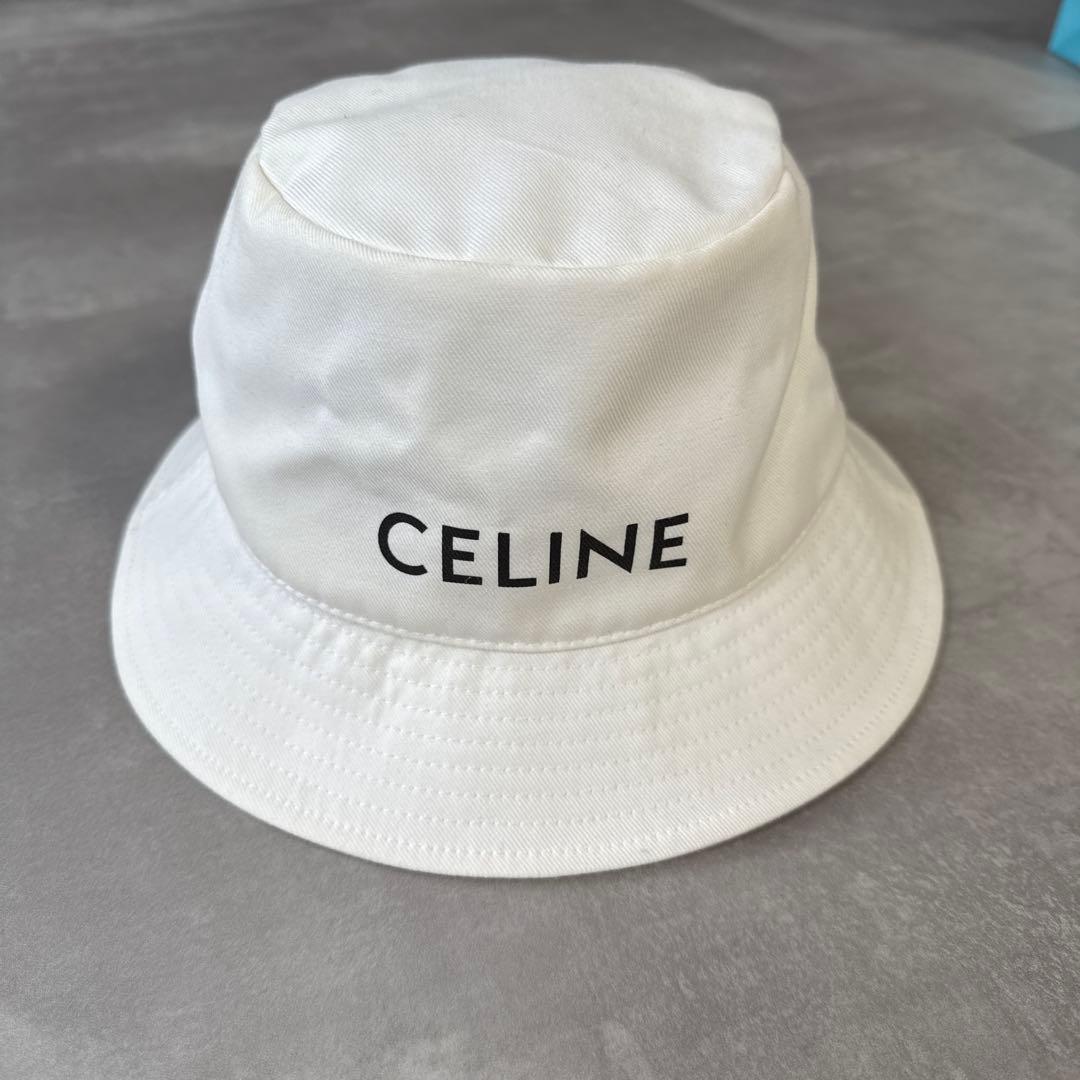 CELINE♦︎バケットハット Mサイズ バケハ ロゴ入りホワイト セリーヌ