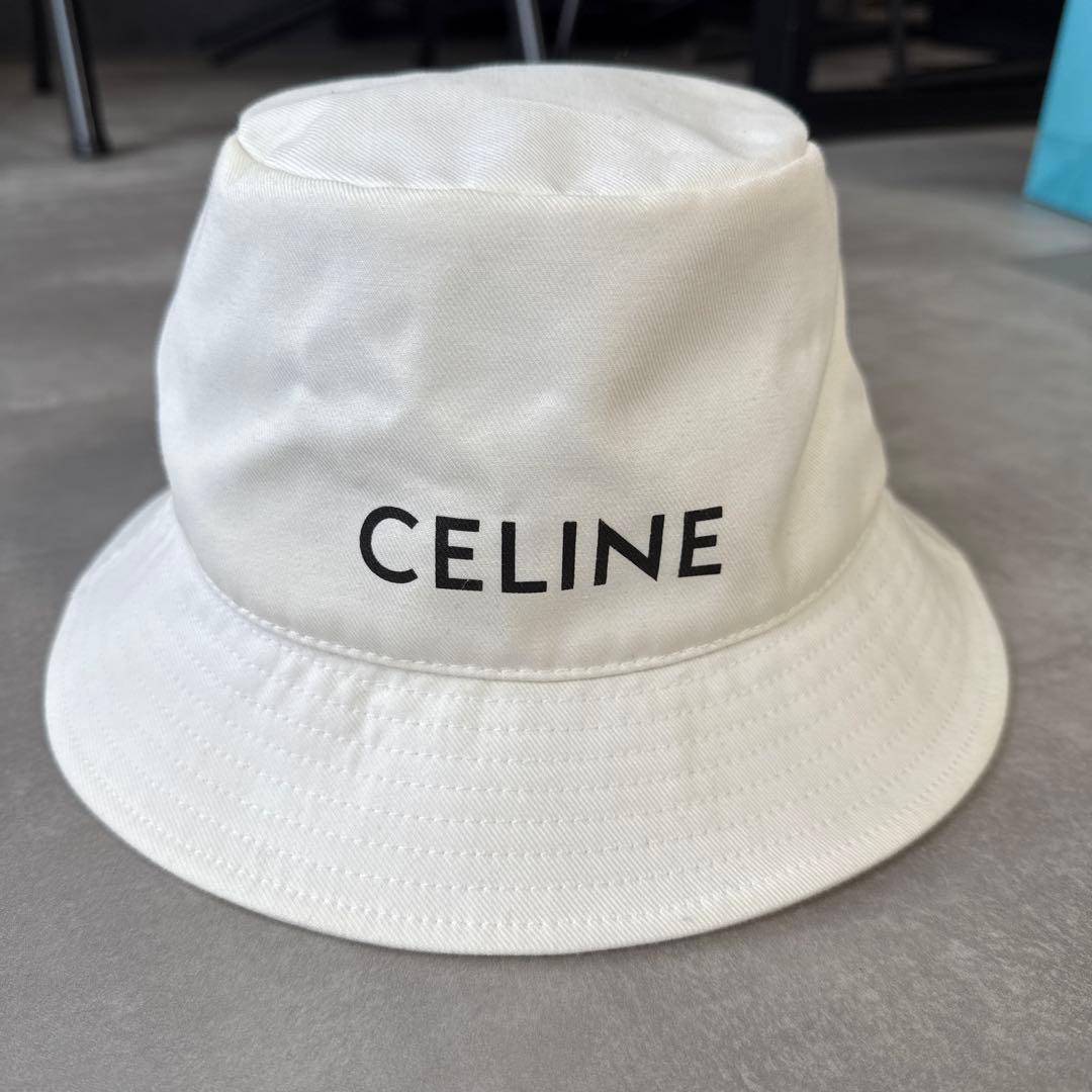 CELINE♦︎バケットハット Mサイズ バケハ ロゴ入りホワイト セリーヌ