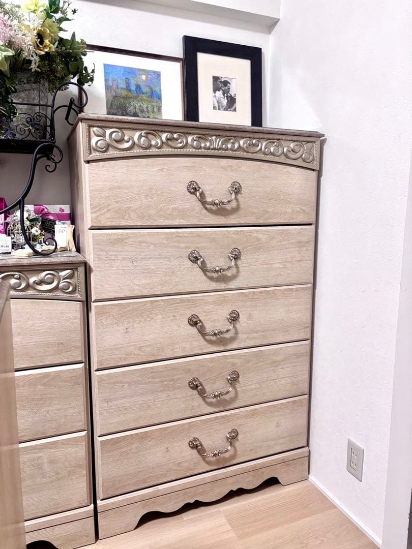 アンティークホワイト チェスト　5段　木製　ⅰ