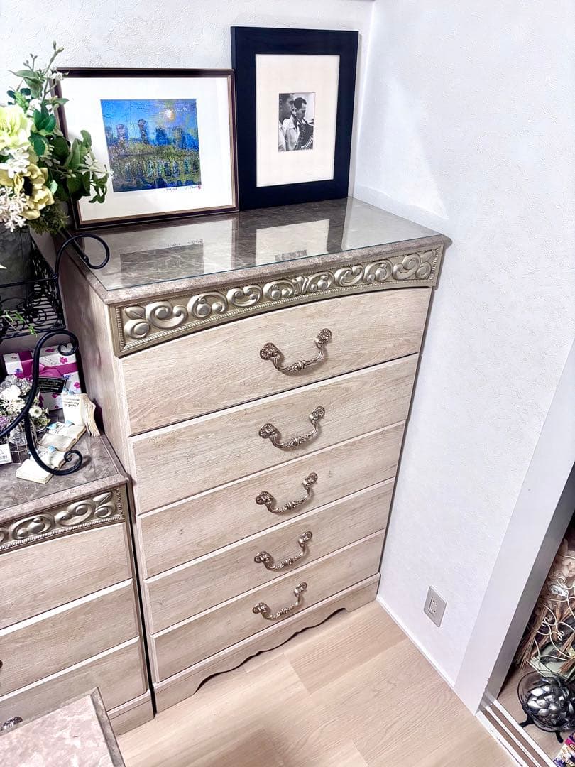 アンティークホワイト チェスト　5段　木製　ⅰ