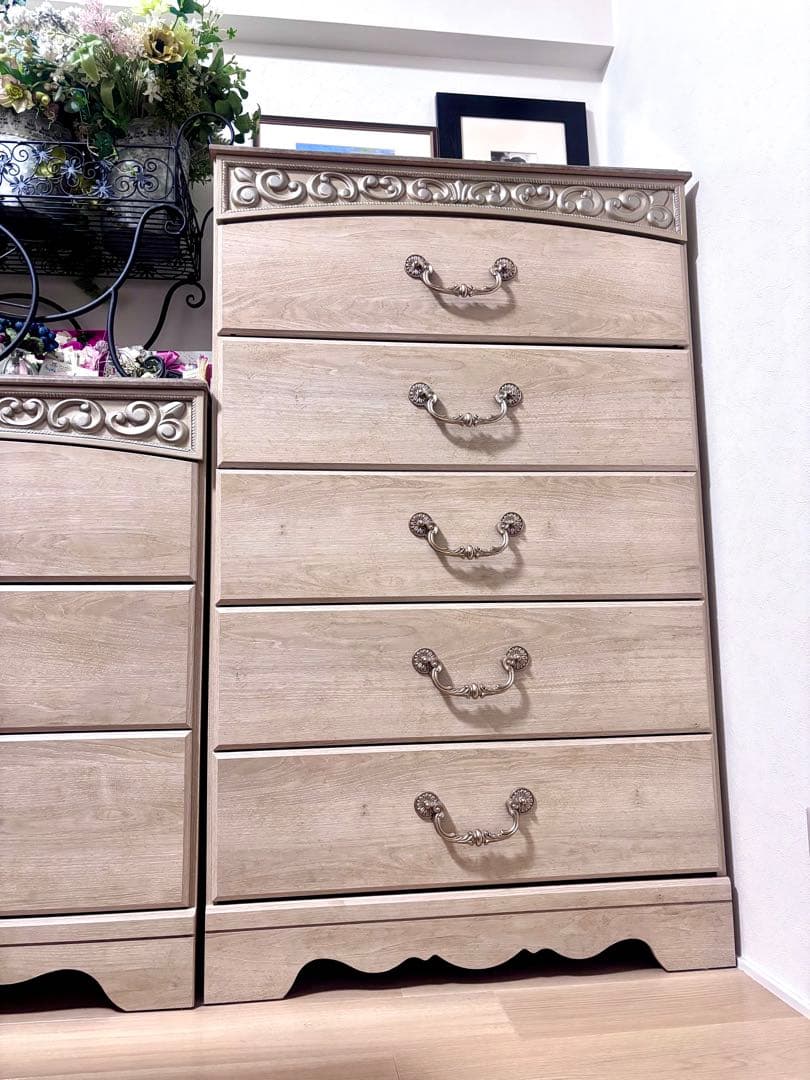 アンティークホワイト チェスト　5段　木製　ⅰ