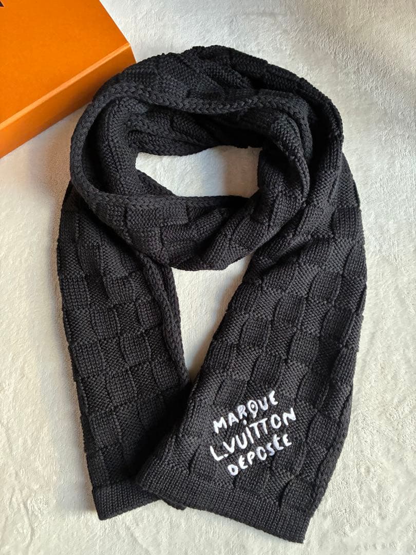 美品　LOUIS VUITTONダミエヘリテージスナッグマフラー ブラックウール