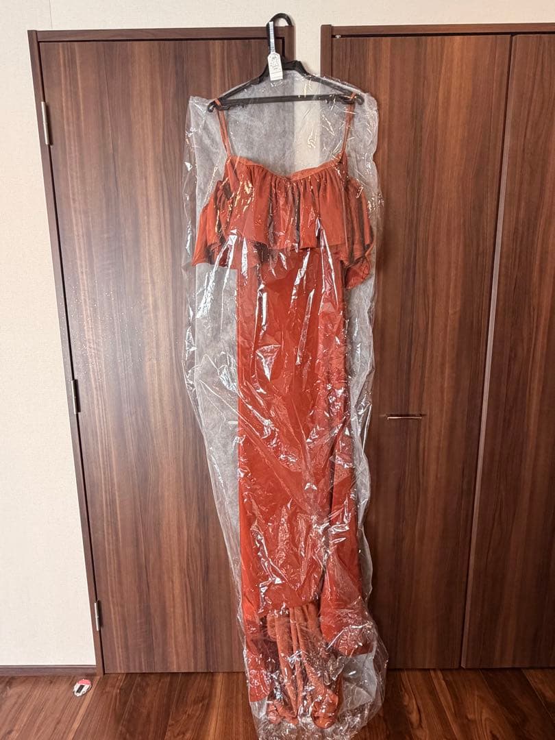 オフショルダー フリル ソフトマーメイドドレス テラコッタ(W300TE)