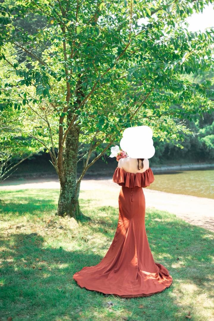 オフショルダー フリル ソフトマーメイドドレス テラコッタ(W300TE)