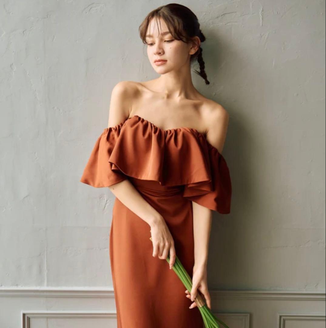 オフショルダー フリル ソフトマーメイドドレス テラコッタ(W300TE)