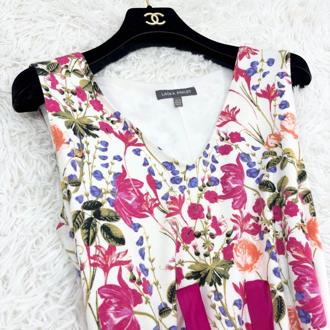 美品　ローラアシュレイ　ロングワンピース　花柄　ウエストリボン　ノースリーブ