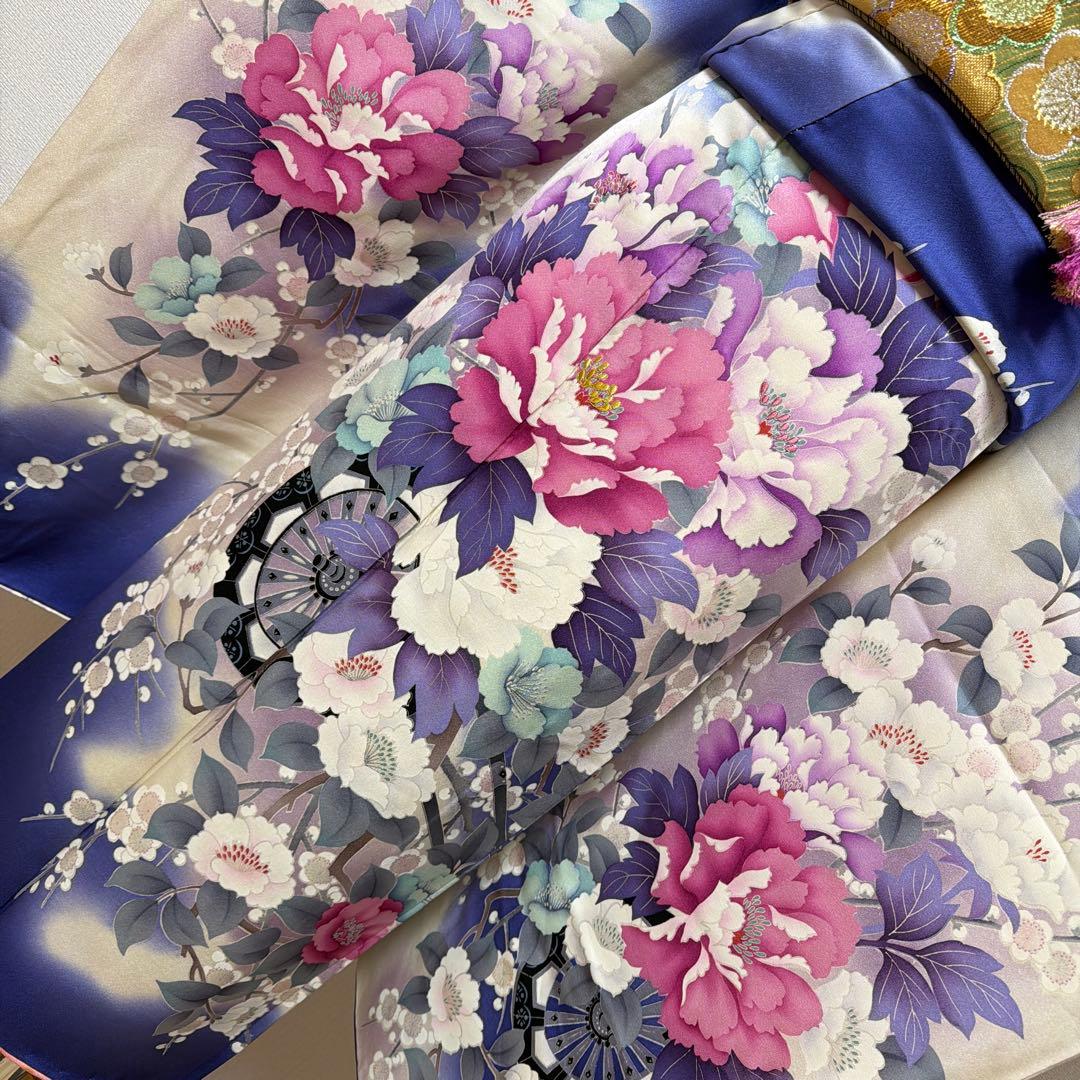 20 振袖フルセット 正絹 ブルー 青紫 赤紫 銀彩 刺繍 暈し染め 華やか