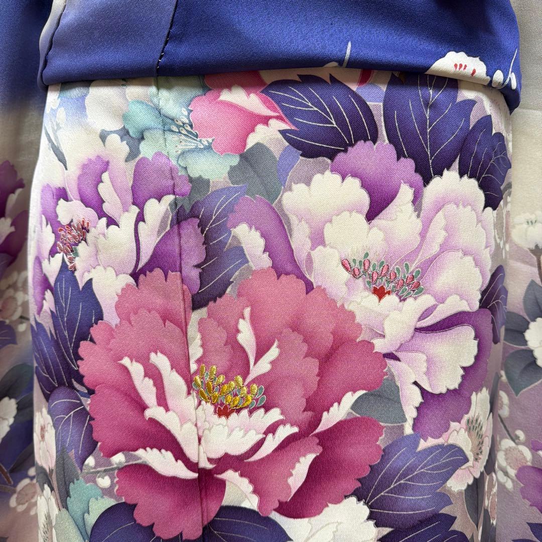 20 振袖フルセット 正絹 ブルー 青紫 赤紫 銀彩 刺繍 暈し染め 華やか