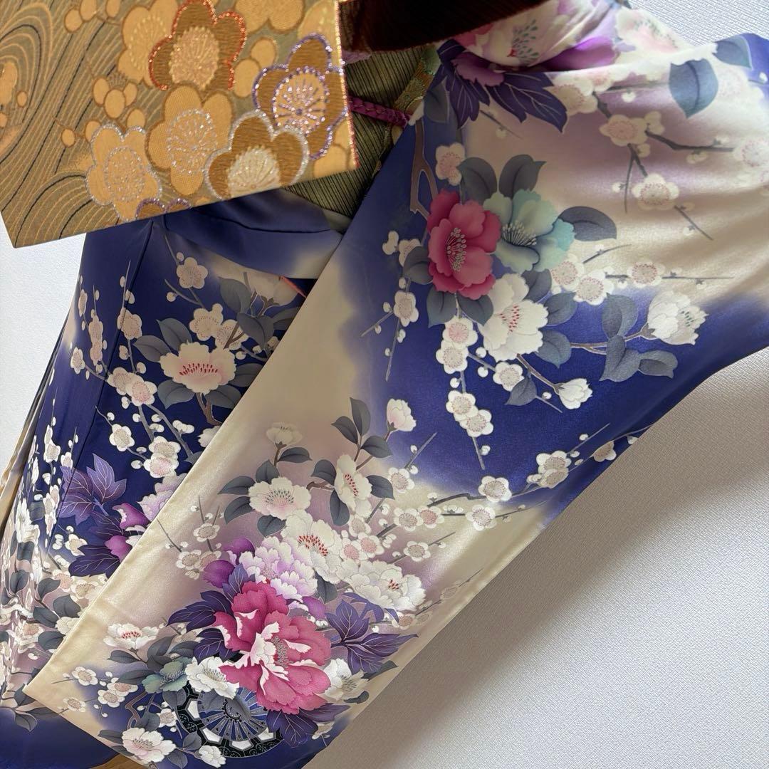 20 振袖フルセット 正絹 ブルー 青紫 赤紫 銀彩 刺繍 暈し染め 華やか