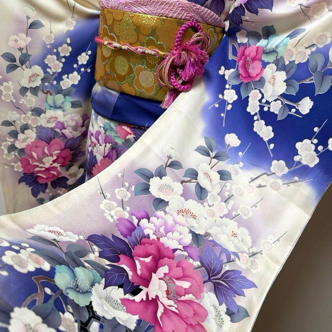 20 振袖フルセット 正絹 ブルー 青紫 赤紫 銀彩 刺繍 暈し染め 華やか