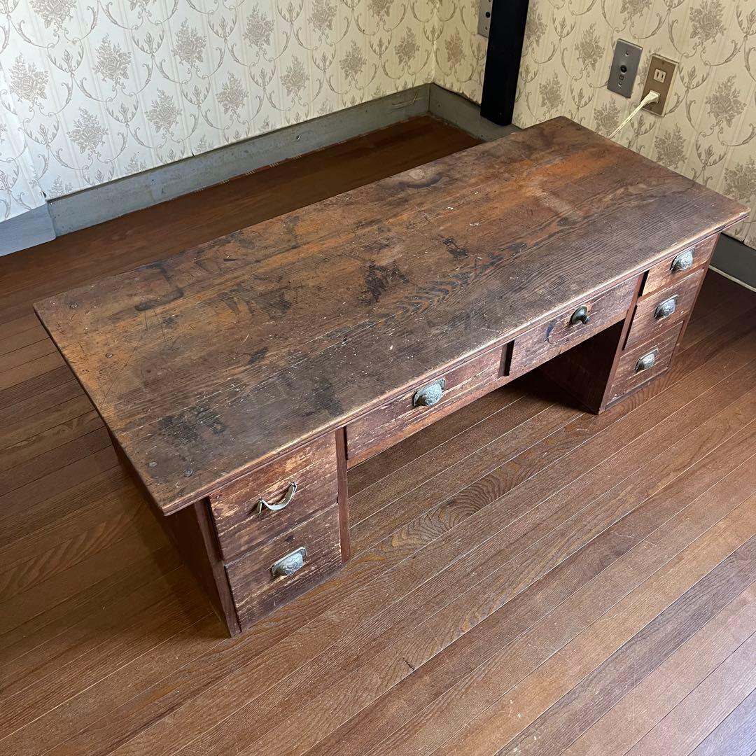【アンティーク】木製 無垢 文机 作業台 引き出し 書斎机 座卓 古民家 古道具