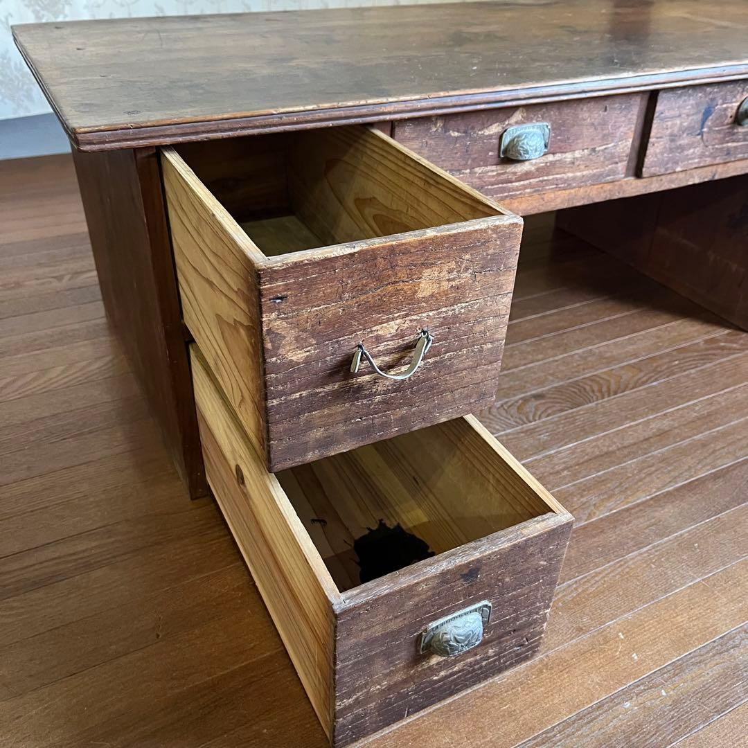 【アンティーク】木製 無垢 文机 作業台 引き出し 書斎机 座卓 古民家 古道具