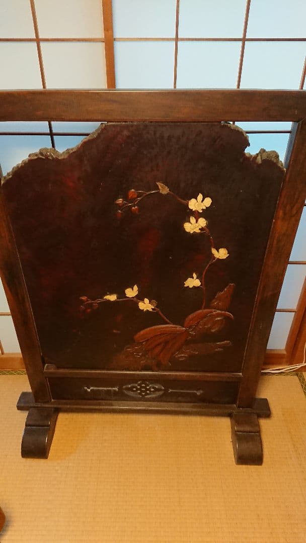 衝立 紫壇木製 透空彫 アンティーク