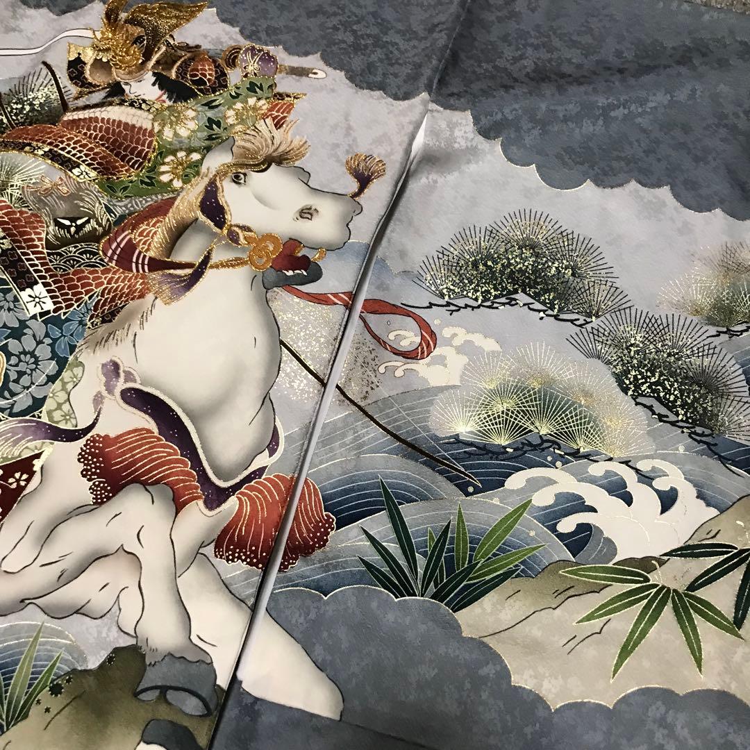 【新品】正絹 若武者 濃グレー❗️豪華金刺繍/お宮参り 産着 男の子/馬 午年