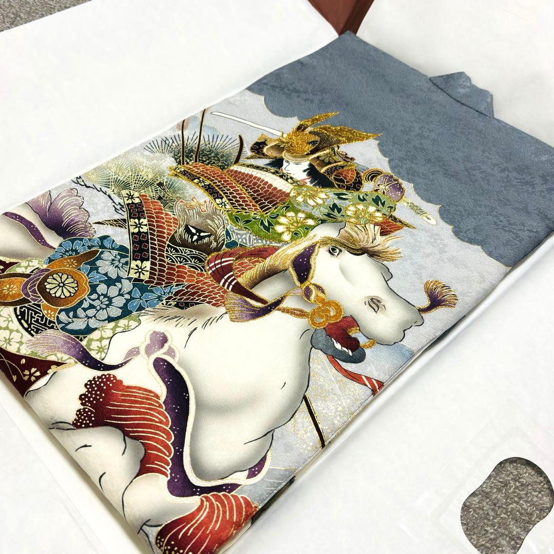 【新品】正絹 若武者 濃グレー❗️豪華金刺繍/お宮参り 産着 男の子/馬 午年