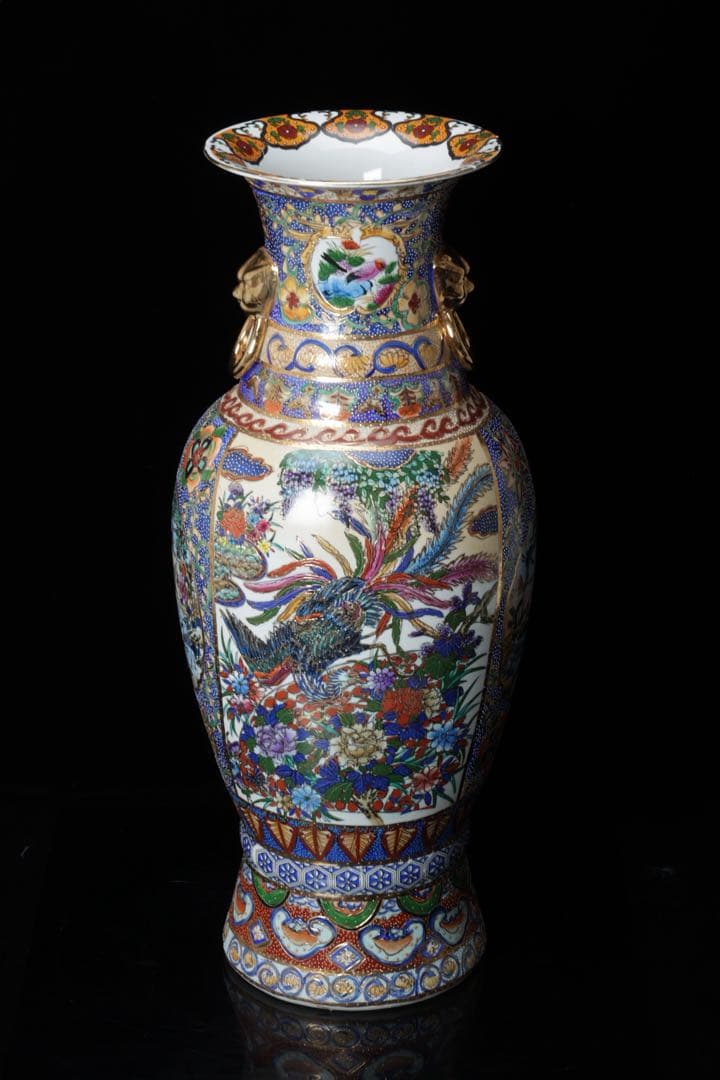 薩摩焼 金薩摩 花鳥紋 大花瓶 鶴 鳳凰 高さ61.5㎝ 壺 耳付き 古美術品