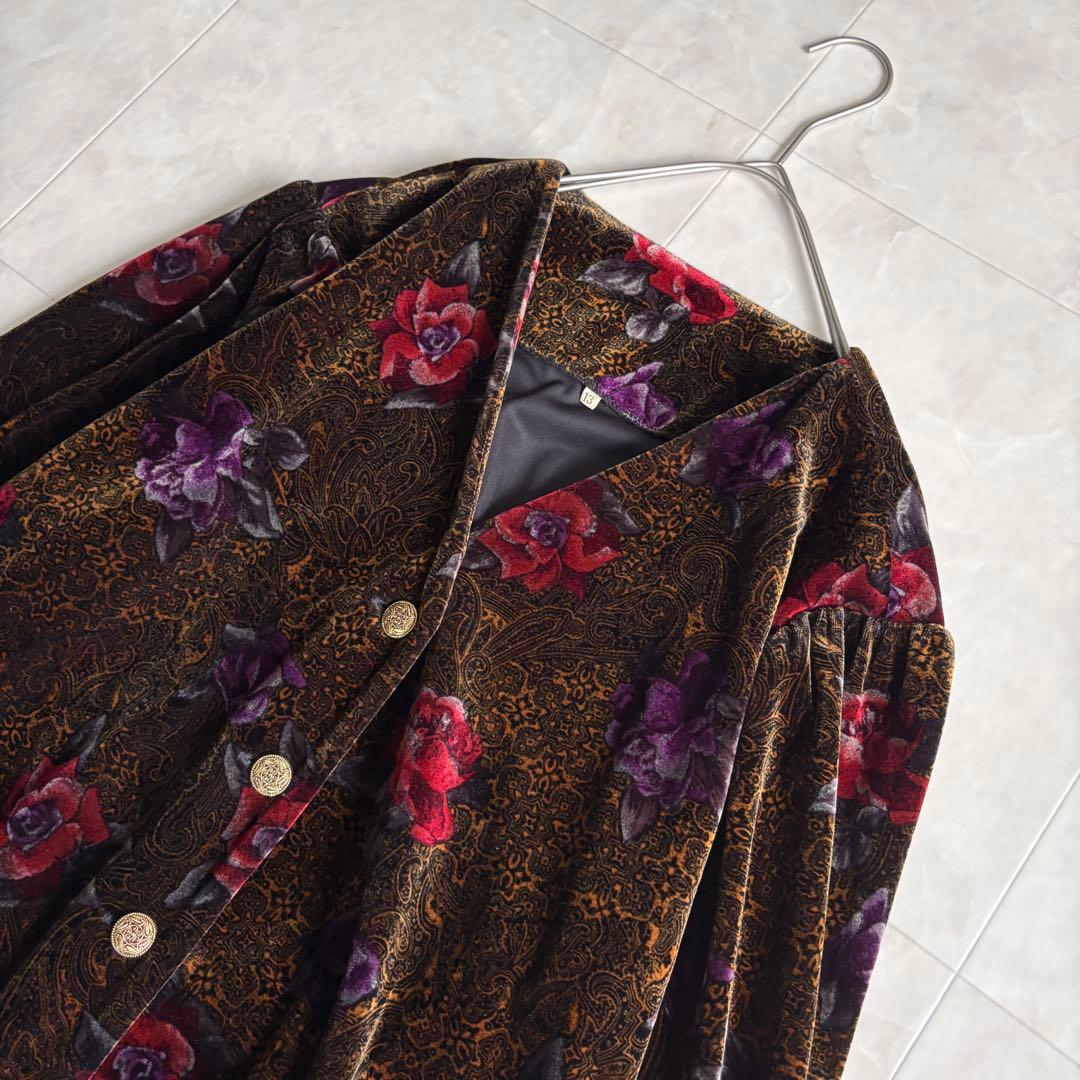 昭和レトロ 日本製 グランド 花柄ベロア金ボタンショートジャケット 13号