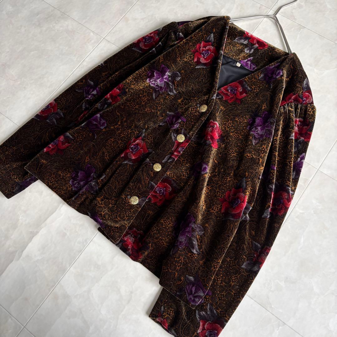 昭和レトロ 日本製 グランド 花柄ベロア金ボタンショートジャケット 13号