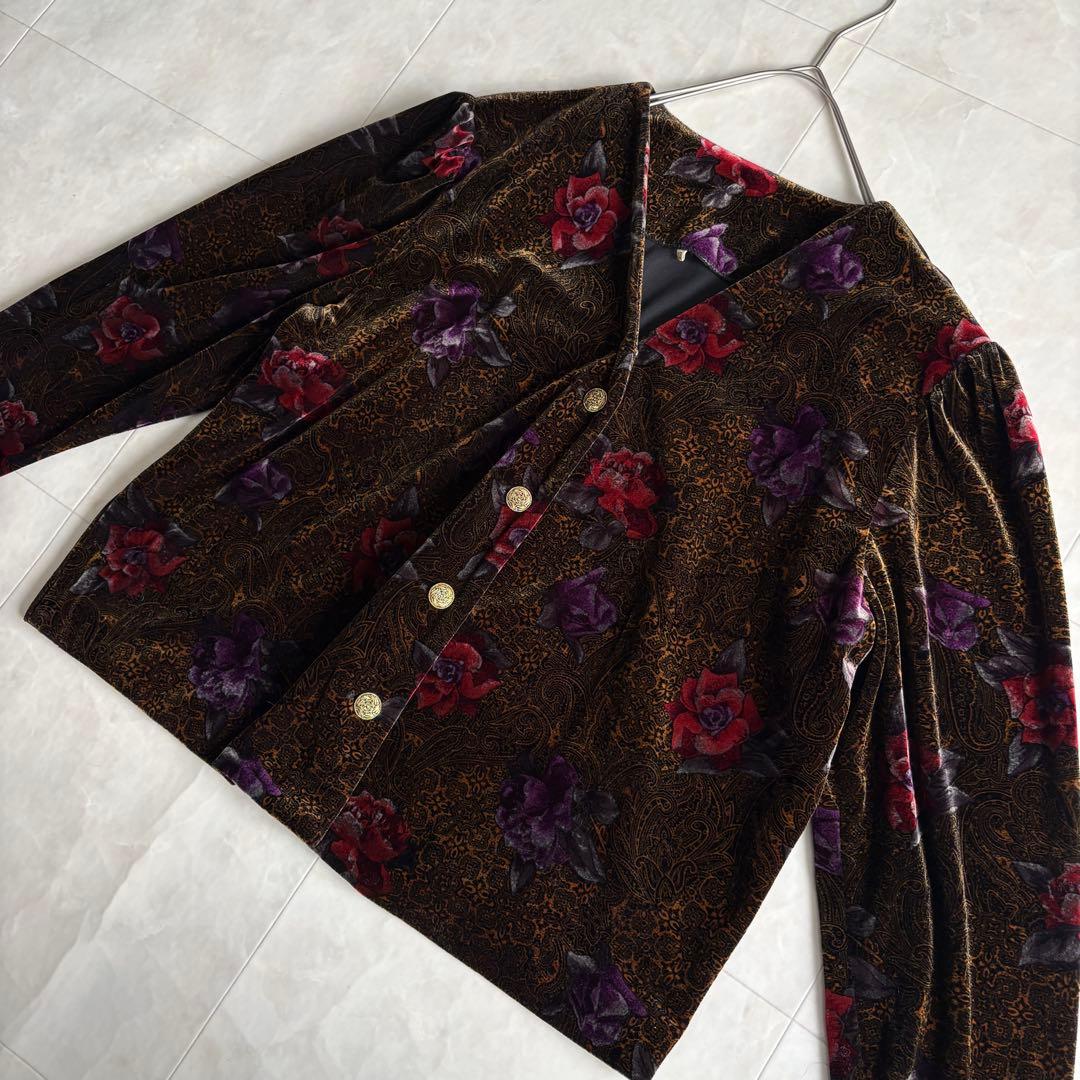 昭和レトロ 日本製 グランド 花柄ベロア金ボタンショートジャケット 13号