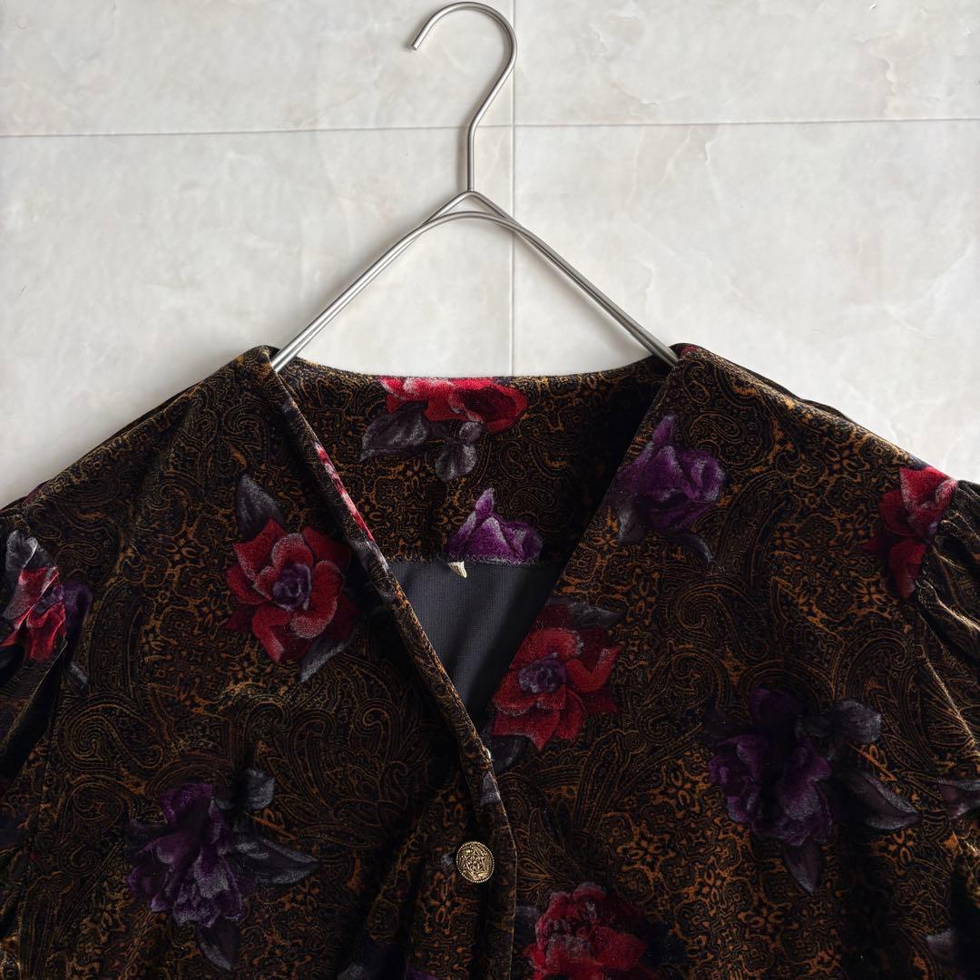昭和レトロ 日本製 グランド 花柄ベロア金ボタンショートジャケット 13号