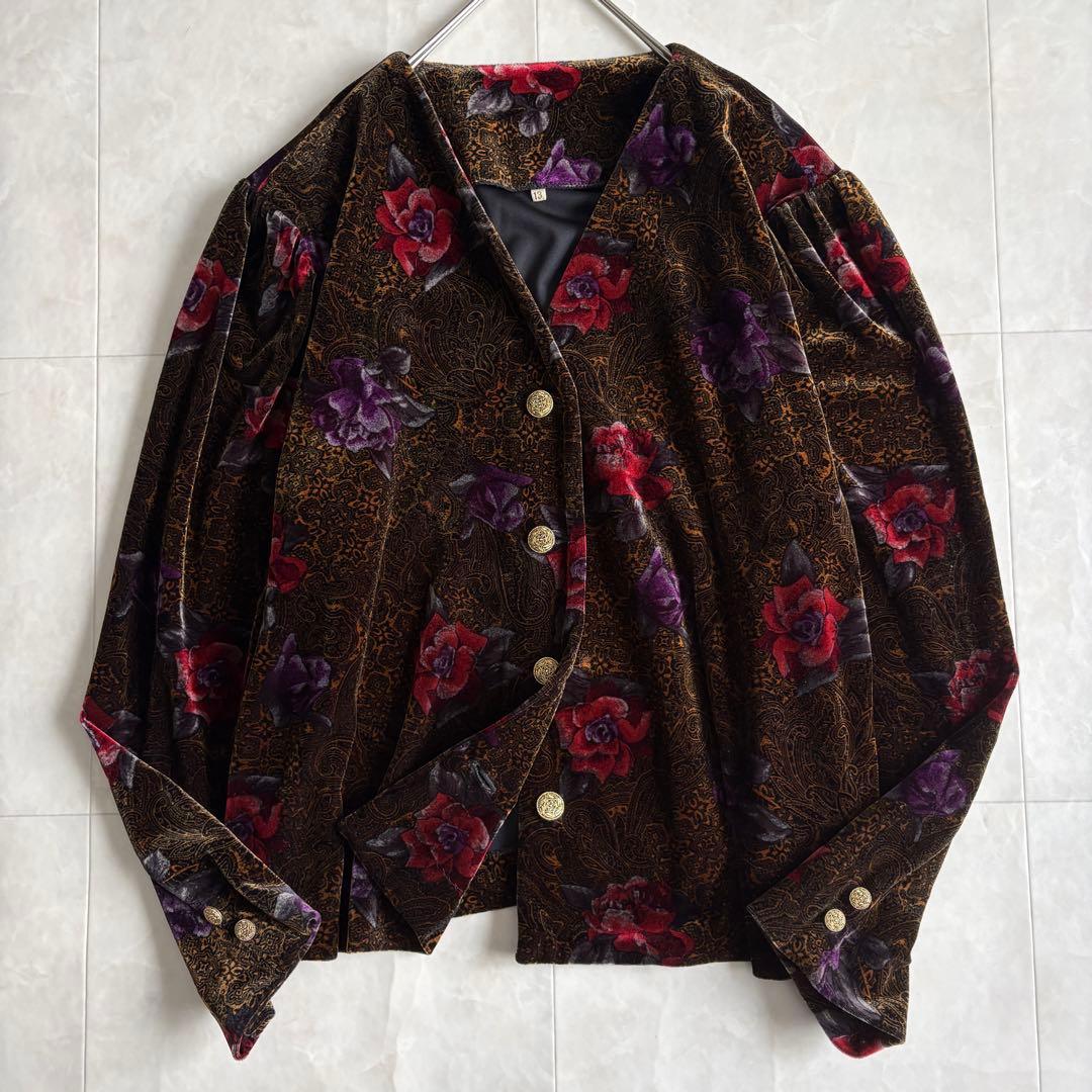 昭和レトロ 日本製 グランド 花柄ベロア金ボタンショートジャケット 13号