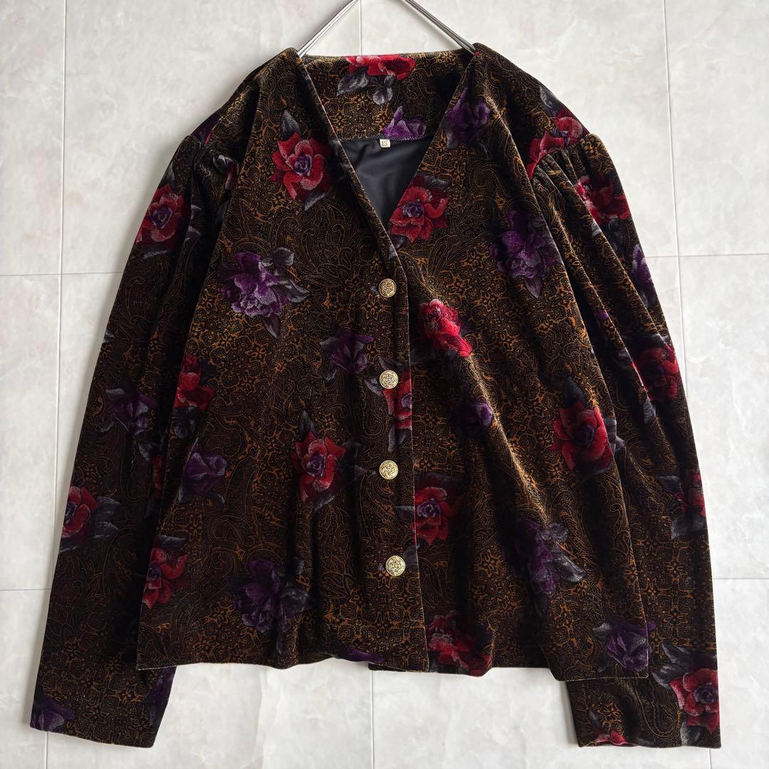 昭和レトロ 日本製 グランド 花柄ベロア金ボタンショートジャケット 13号