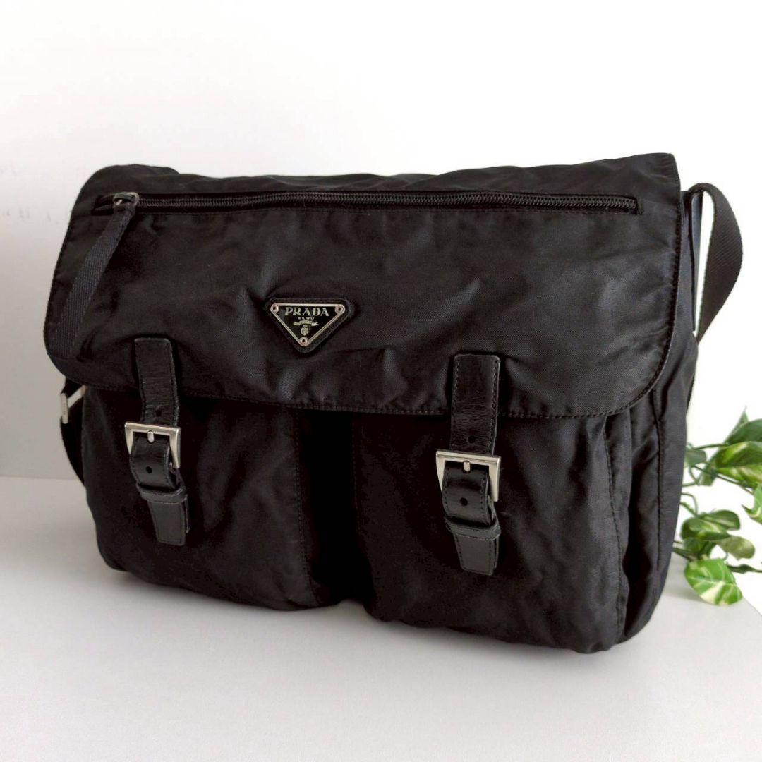 良品 プラダ ナイロン レザー ショルダーバッグ 鞄 黒 レディース メンズ