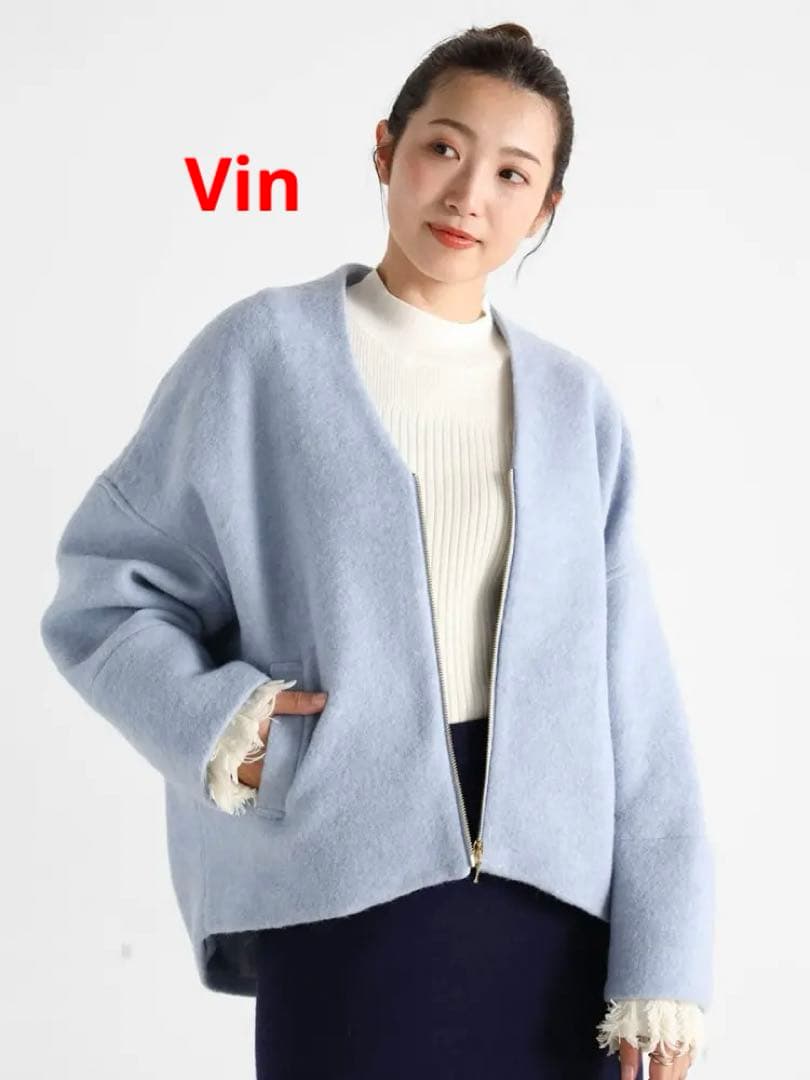 ヤマダヤ　Vin Vネックウールブレンドショートコート　ノーカラーコート