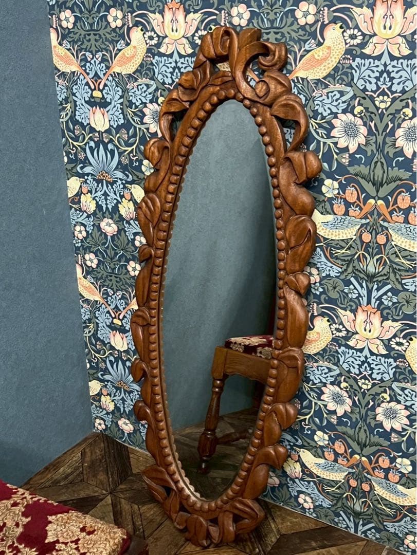 S-fam＊大きめ 木彫り 壁掛けミラー 鏡 インテリア アンティーク