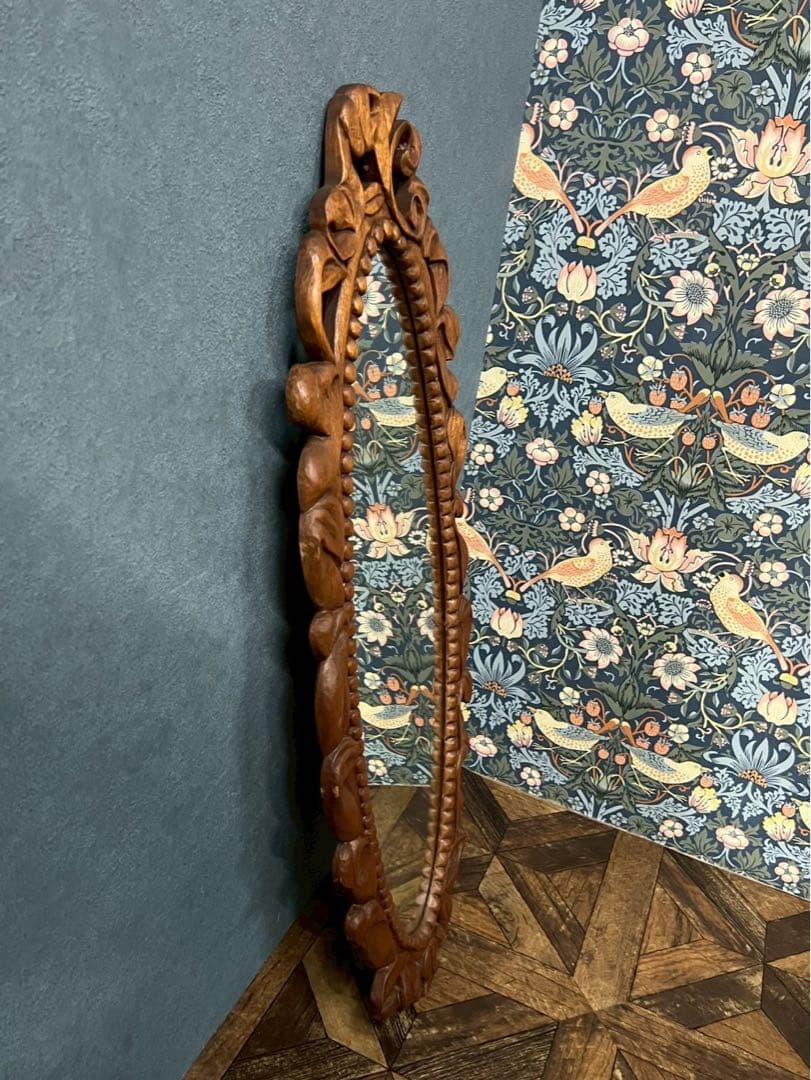 S-fam＊大きめ 木彫り 壁掛けミラー 鏡 インテリア アンティーク