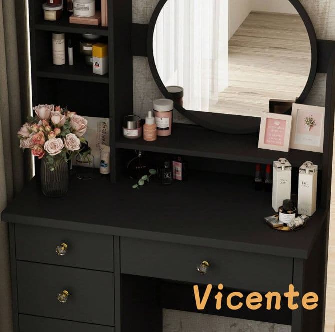 北欧風ドレッサー 円形女優ミラー 引き出し 5 杯 スツール付き 寝室化粧台